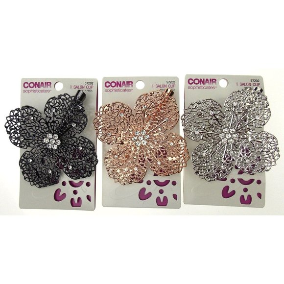 Conair Salon Clips Lot 3 Flower Design Rose Gold Silver Pewter Metal Gems Dressy - Picture 1 of 2